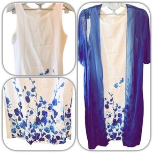NWT 2 pc Elegant Blue and White Floral Dress with Sheer Overlay Sz S